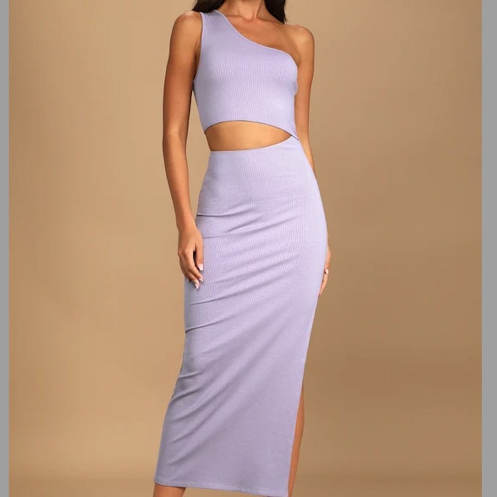 Lulu's Spice Things Up Lavender Ribbed One-Shoulder Cutout Midi Dress Size M
